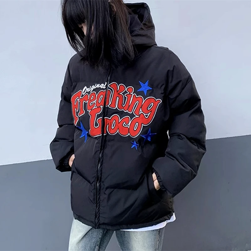 

Men Hip Hop Graphic Print Punk Goth Parkas Winter Coat Thick Cotton Warm Puffer Jackets Loose 2XL Harajuku Streetwear Couples