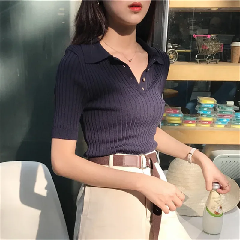 

Women Casual Polo Plunge Neck Short Sleeve Knitted T-shirts Summer Female Korean Elegant All-match cropped button shirt cotton