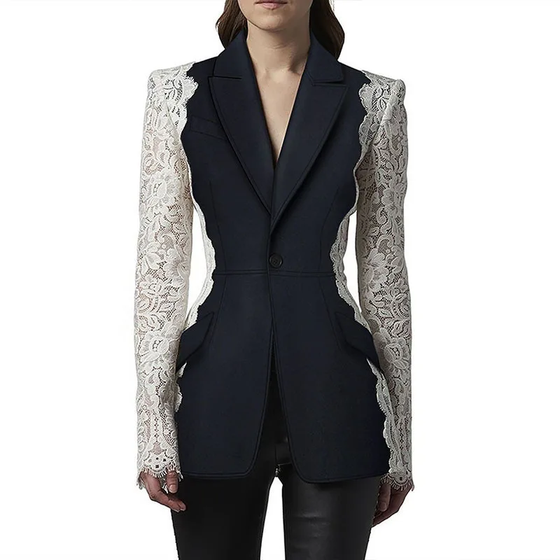 

Lace Black Women Suit Jacket 1 Piece Elegant French Haute Couture Splicing Colors One Button Blazer Coat In Stock