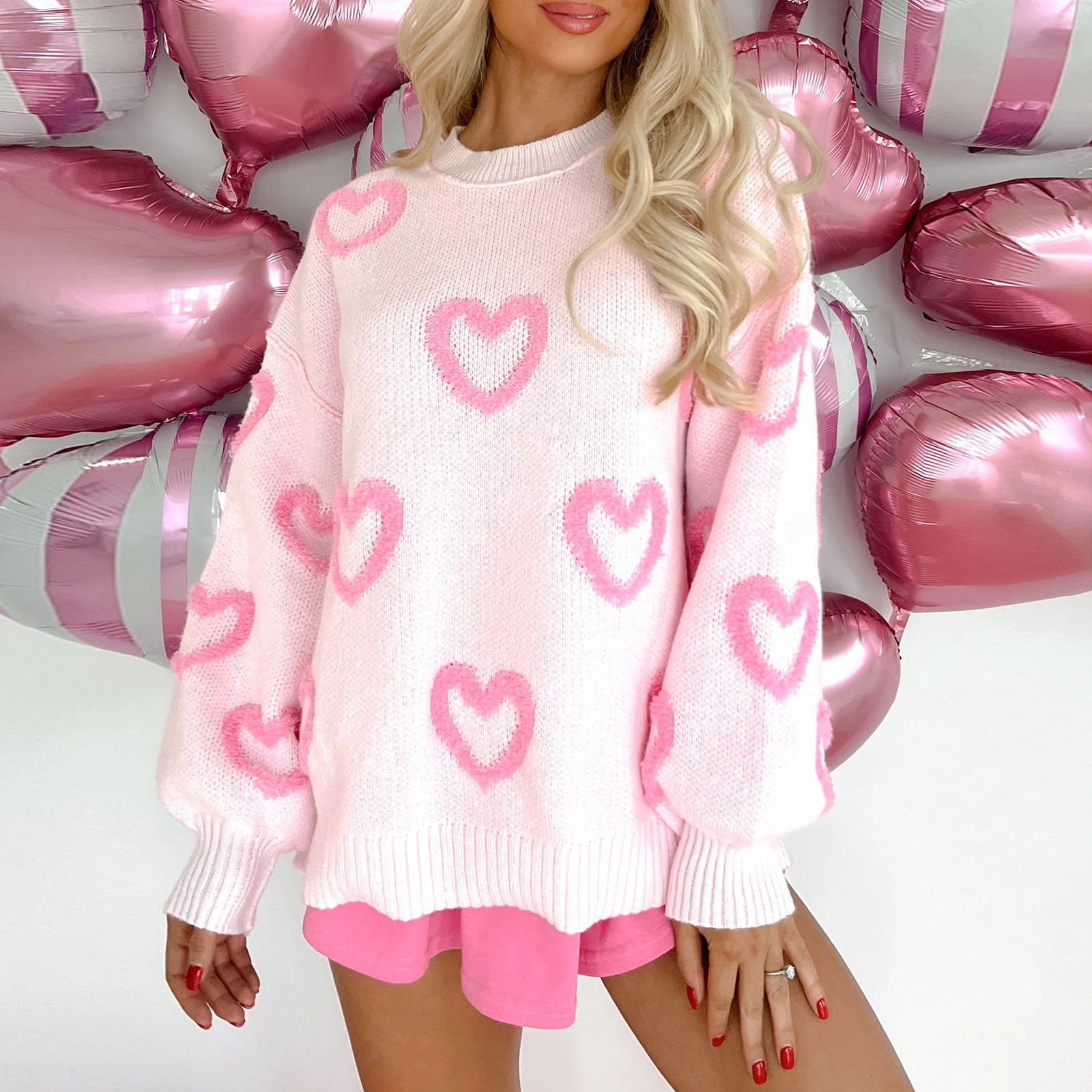 

Women's Heart Sweater Fuzzy Long Sleeve Round Neck Pullover Tops Fall Winter Fashion Casual Knitwear Valentine's Day Sweater