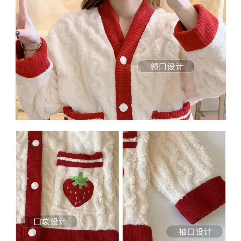 

Autumn Long Winter Flannel Sweet Velvet Warm Soft Kawaii Women Pyjamas Coral Women's Sets Sleeve Strawberry Sleepwear Thick