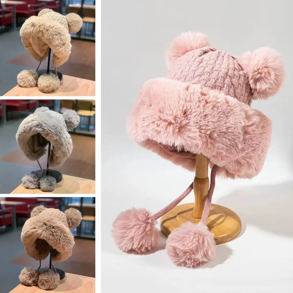 

Cute Bear Ears Plush Hat Winter Beanies Warm Ear Protection Thicken Bomber Cap Bonnets Thicken Korea Women Warm