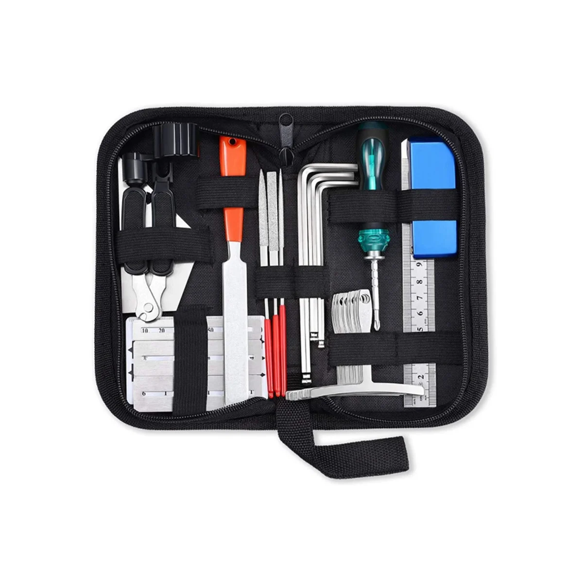 

Guitar Repair Tool Kit, String Changing Tool, Wrench, Grinding File, Measuring Ruler, Stringer, Leveling Ruler, 25 in 1