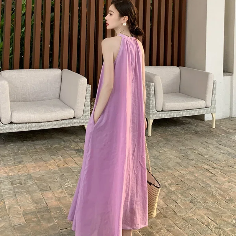 

New Fairy Harter Summer Beach Oversize Robe Loose Midi Purple Sundress 2024 Women Vacation Casual Long Runway Vestidos Dresses