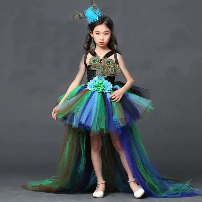 

Peacock Flower Party Tutu Dresses Children Party Evening Dress Pageant Prom Ball Gown Kids Peacock Feather Halloween Dresses
