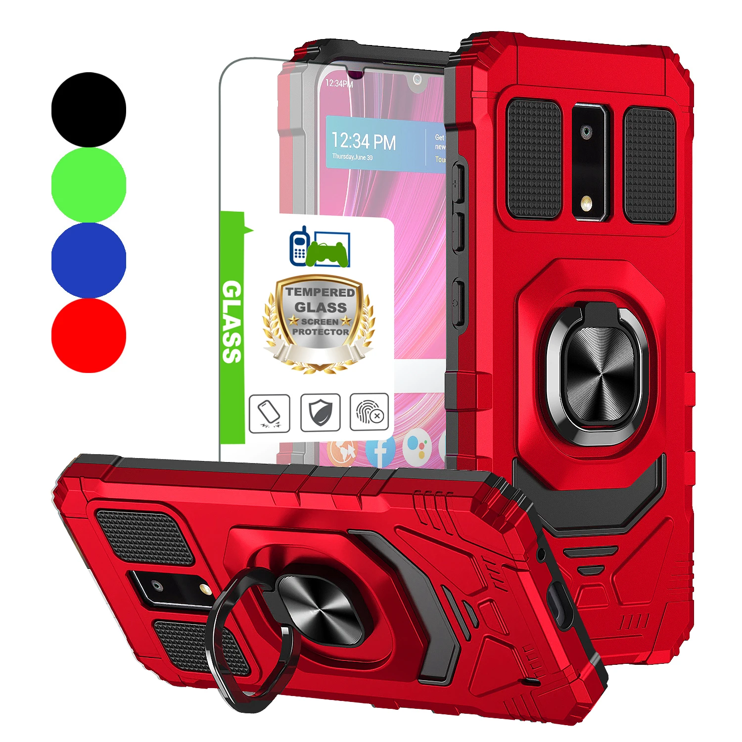 

For BLU View 4 Military Grade Heavy Duty Rugged Ring Holder Stand Shockproof Armor Case KickStand Phone Cover+Tempered Glass