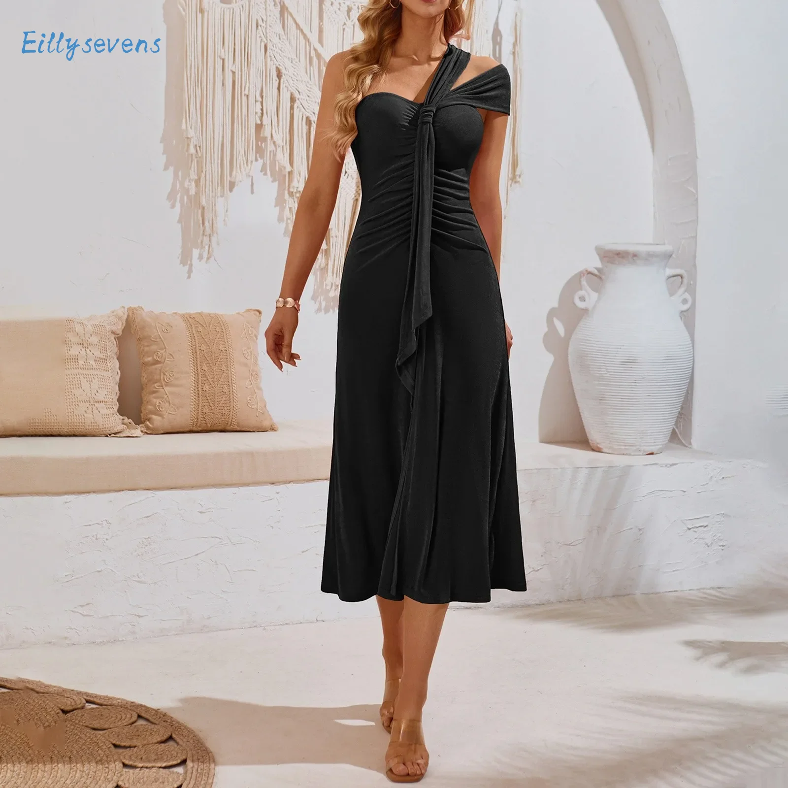 

Women'S Trend New Dress Sexy Off-Shoulder Strap Slit Pleated Dress Multy Matching Method Date Party Fitting Solid Color Dresses