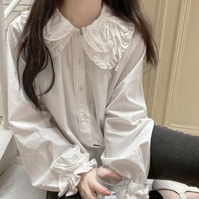 Zoki White Lace Stitching Blouses Summer Loose Korean Preppy Long Sleeve Turn Down Collar Casual Tops Sweet Bow All Match Shirts
Zoki White Lace Stitching Blouses Summer Loose Korean Preppy Long Sleeve Turn Down Collar Casual Tops Sweet Bow All Match Shirts