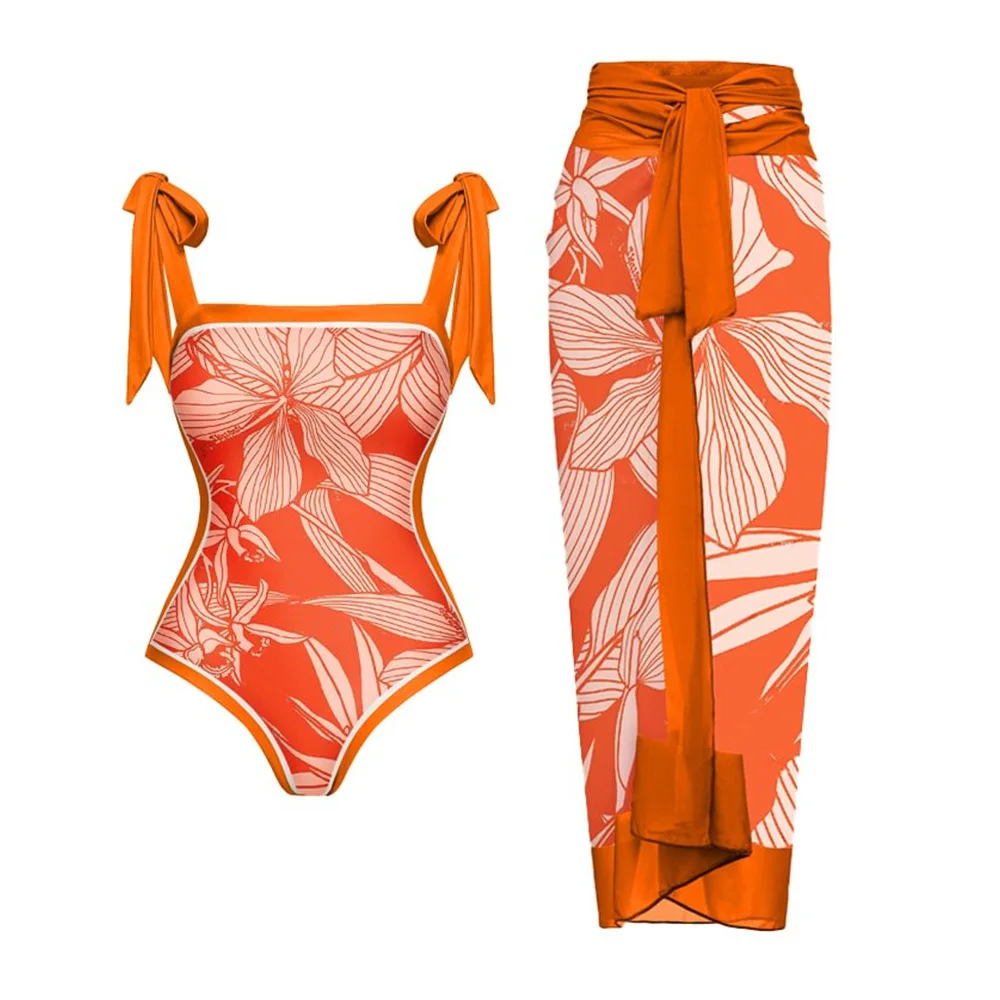 

Женские Слитные купальники с оранжевой основой и белым полосатым цветочным и листовым узором с воротником хомутом и накидкой
