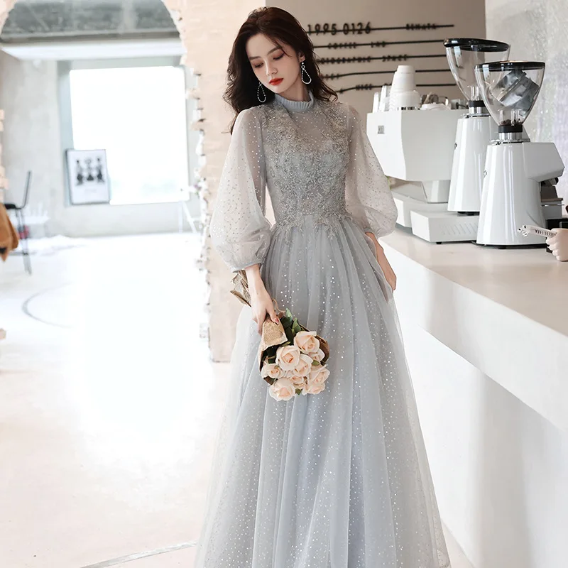 Gray Long Prom Dresses 2023 Elegant High Neck A-line Floor-length Gowns Appliques Sequined Tulle Women Formal Evening Dress
Gray Long Prom Dresses 2023 Elegant High Neck A-line Floor-length Gowns Appliques Sequined Tulle Women Formal Evening Dress