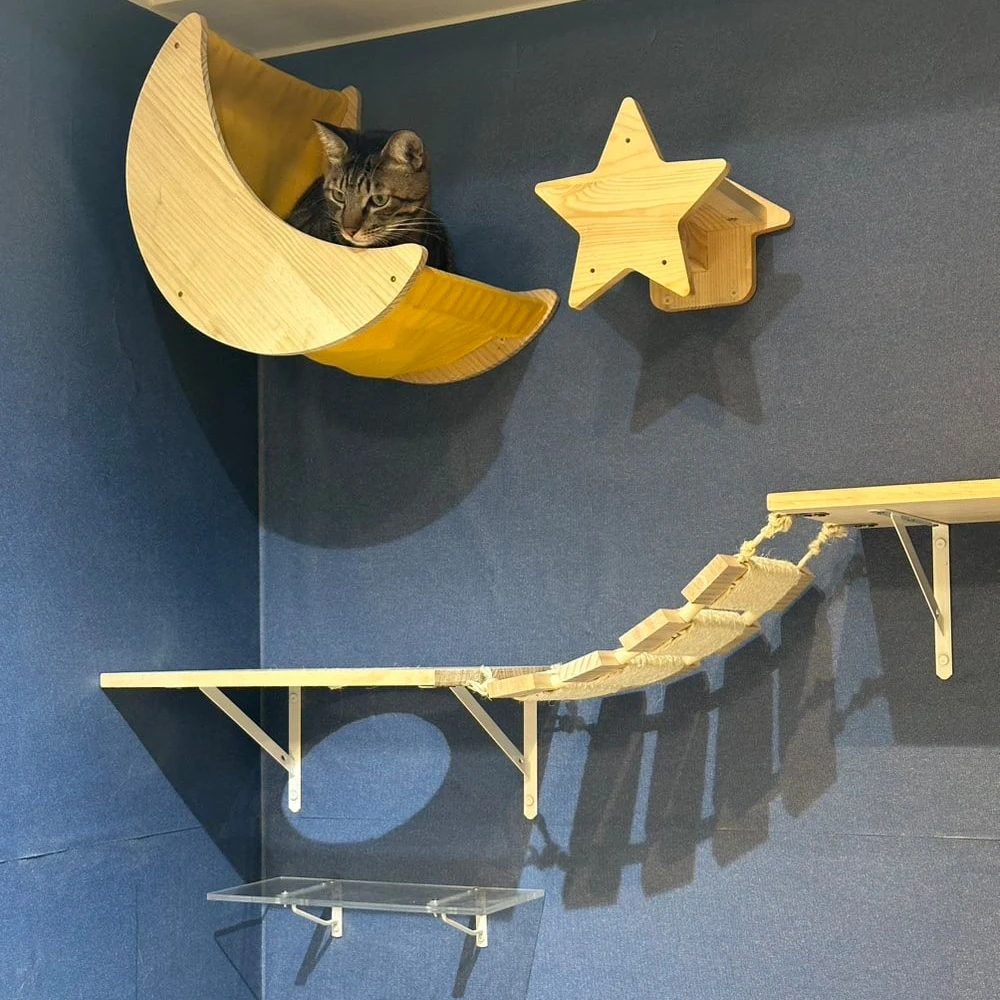 

1 Piece Cat Wall Mounted Hammock and Wooden Ladder with Stairway Cat Tree for Kitten Rest and Playing Cat Pet Indoor Furniture