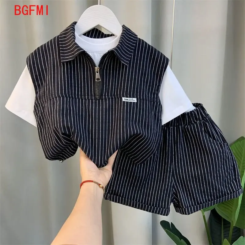 

Teenage Boy Summer Stripe Outfits Baby Kid Children New Polo Set Boy Thin Short Sleeves Patchwork Shirt +Shorts 2 Pc Casual Suit