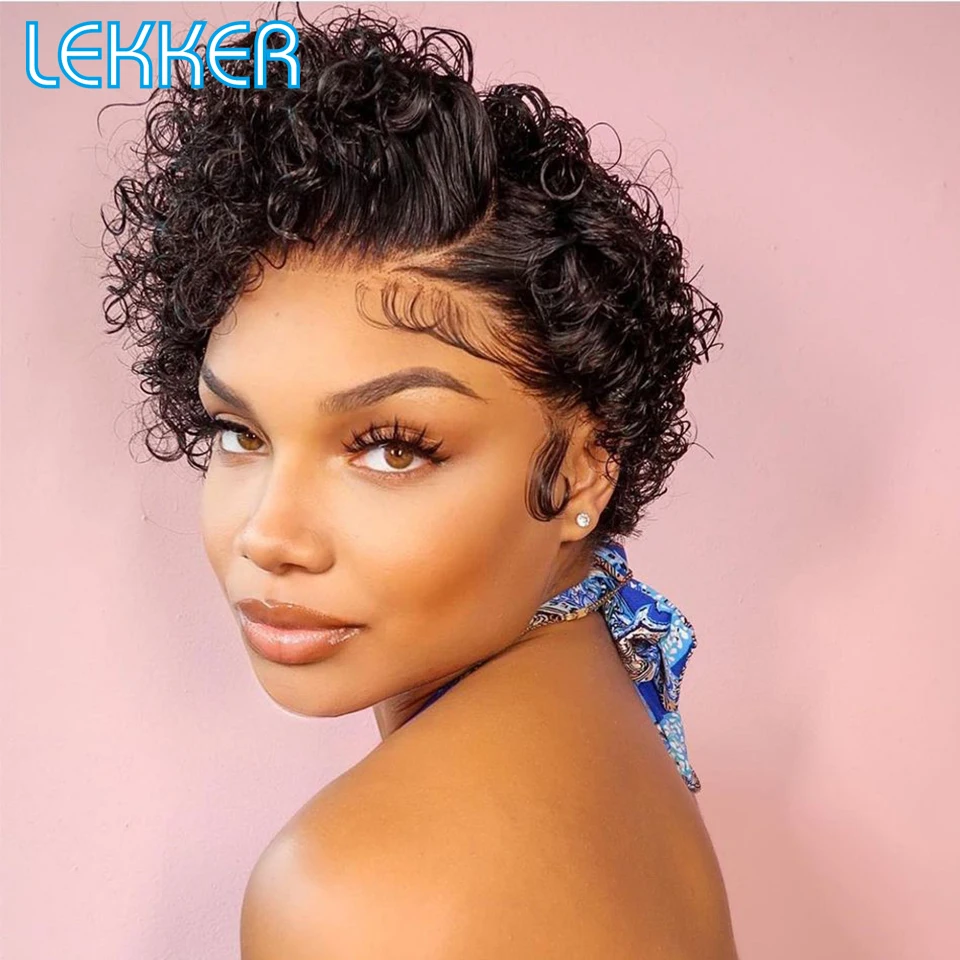 

Lekker Short Pixie Afro Kinky Curly Bob 13x1 T Part Lace Front Human Hair Wig For Women Brazilian Remy Hair Glueless Jerry Curly