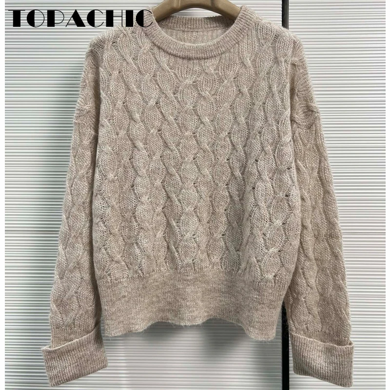 10.16 TOPACHIC Women's High Quality Mohair Long Sleeve Twist Knitted Solid Color Pullover Sweater
10.16 TOPACHIC Women's High Quality Mohair Long Sleeve Twist Knitted Solid Color Pullover Sweater