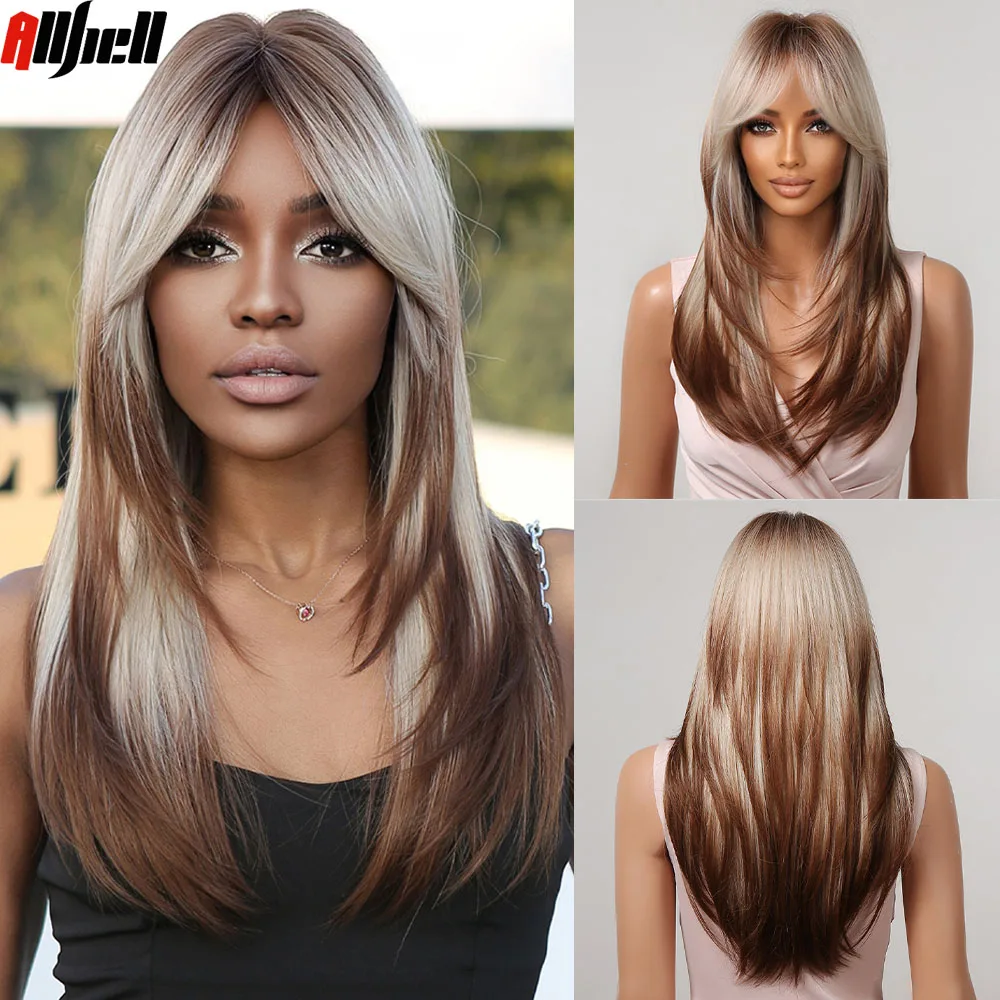 

Long Straight Blonde Layered Synthetic Wigs Brown Balayage Ombre Wigs With Bang for Black Women Cosplay Costume Heat Resistant