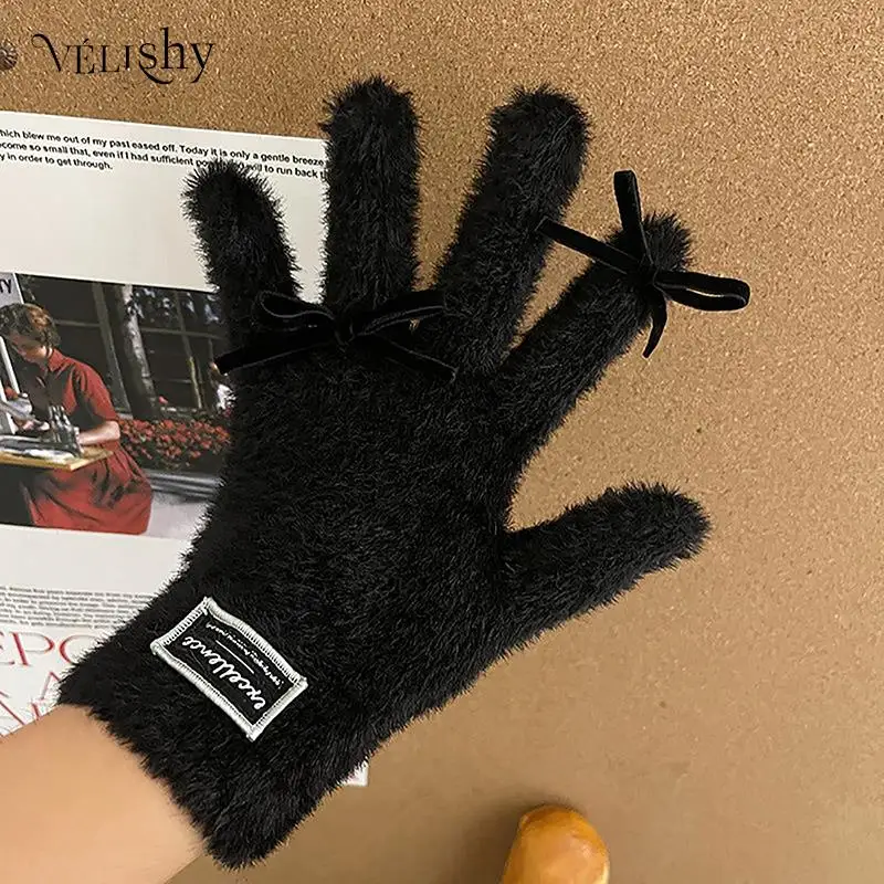 

Kawaii Fur Winter Thickened Touch Screen Gloves Fullfinger Y2k Women Lolita Bow Tie Gloves Mittens Jk Accessories New Year Gift