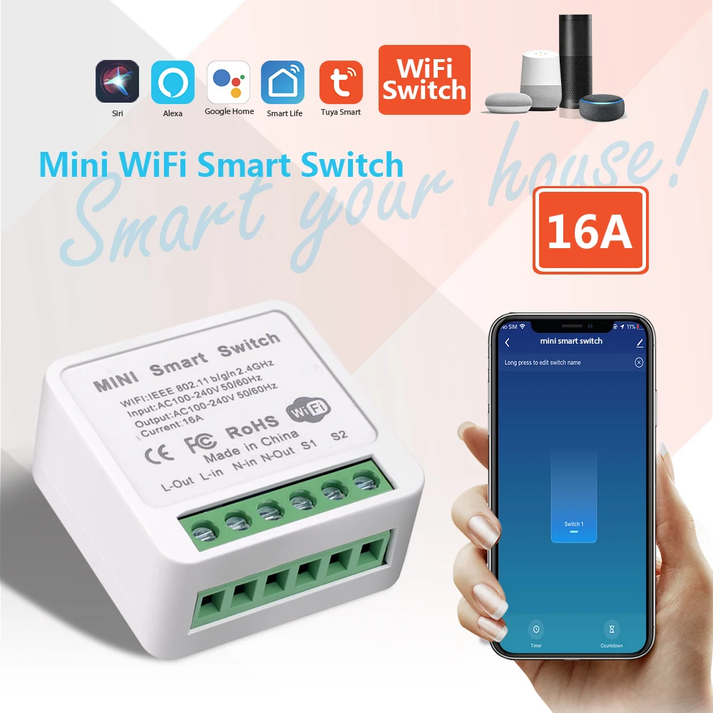 Мини-переключатель Tuya Wifi16A, двухрежимный умный выключатель с поддержкой Wi-Fi, работает с приложением Alexa Google Home
Мини-переключатель Tuya Wifi16A, двухрежимный умный выключатель с поддержкой Wi-Fi, работает с приложением Alexa Google Home