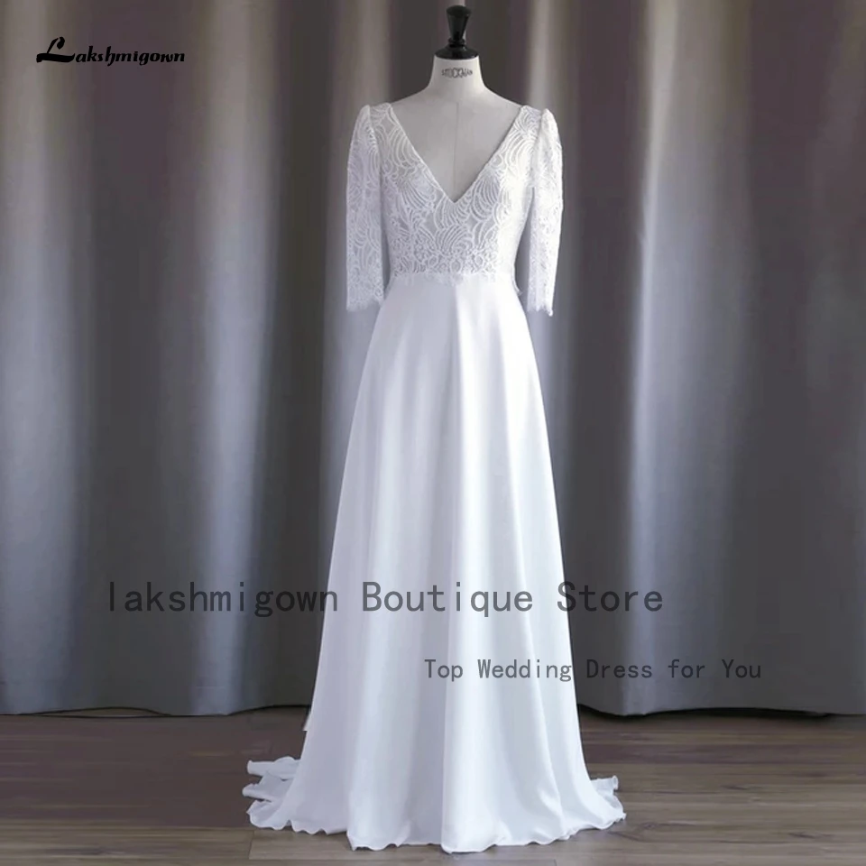 

Lakshmigown Elegant Bridal A Line Chiffon Wedding Dress 3/4 Lace Sleeves 2023 V Neck Sexy Women Receipt Dinner Party Gowns