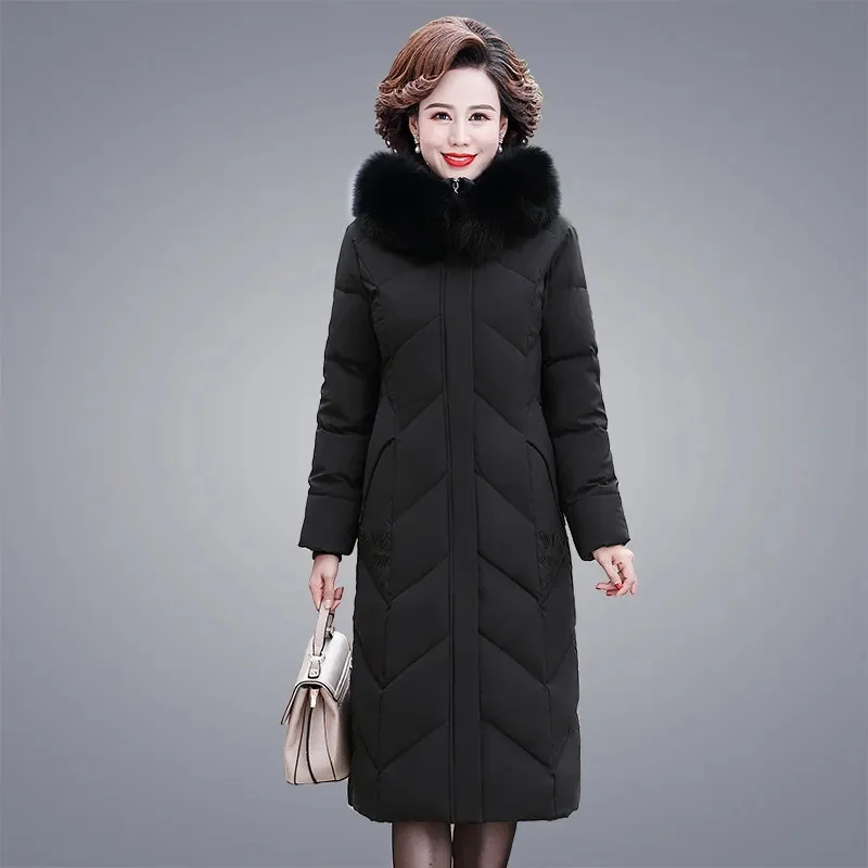

2023 New Women Winter Jacket Puffer Parka Fur Collar Hooded Overcoat Long Thicken Warm Snow Jacket Middle-Aged Mother Outwear