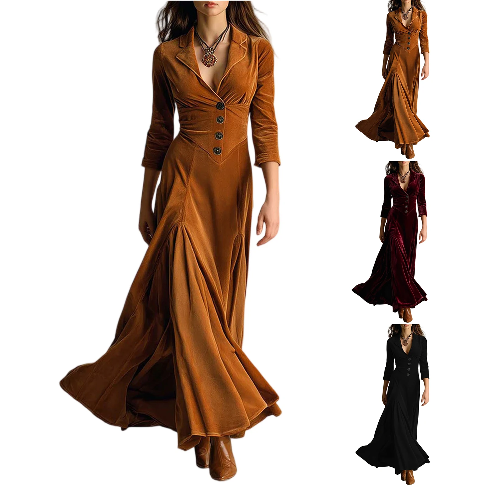 Vintage velvet long dress for women with pleated design and button lapel collar