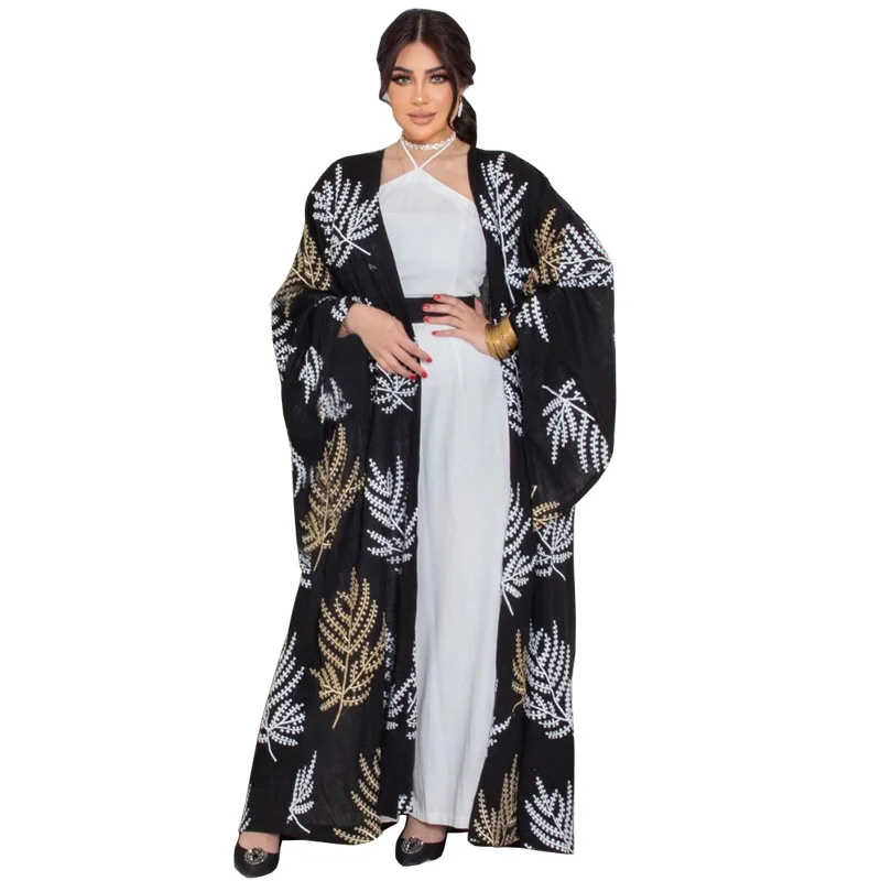

Abaya Dubai Muslim Two Pieces Dress Robe Open Abaya Vestidos Embroidery Long Sleeves Cardigan White Inner Dress Middle East Gown