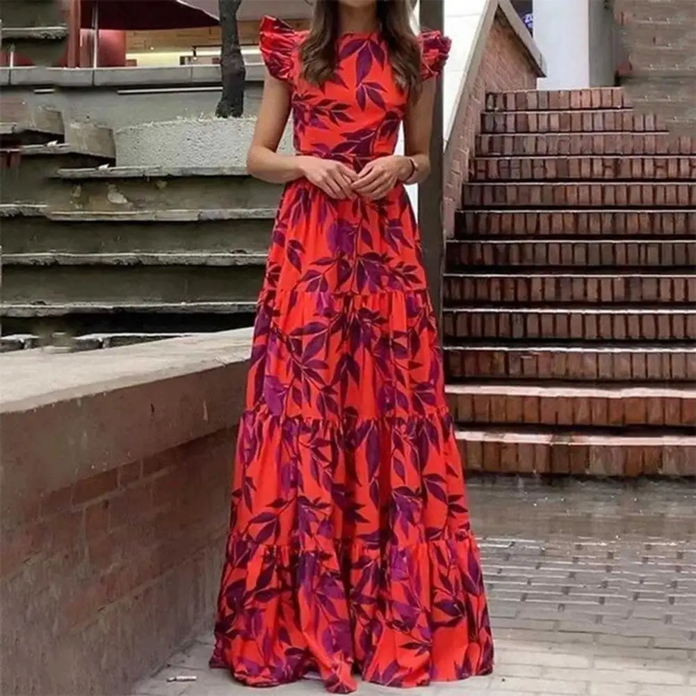 Comfortable Maxi Dress Stylish Women's O-neck Maxi Dress Flowy Hem Leaves Print Backless Lace-up High Waist Ruffle Details
Comfortable Maxi Dress Stylish Women's O-neck Maxi Dress Flowy Hem Leaves Print Backless Lace-up High Waist Ruffle Details
