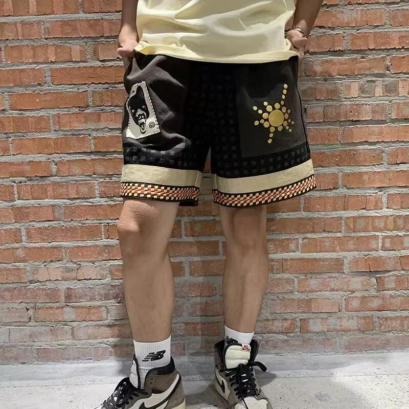 

Kanye West Checkered Shorts Wolf-head Patch Panel Drawcord Plaid Men's Cartoon Sports Shorts Streetwear Urban Shorts for Male