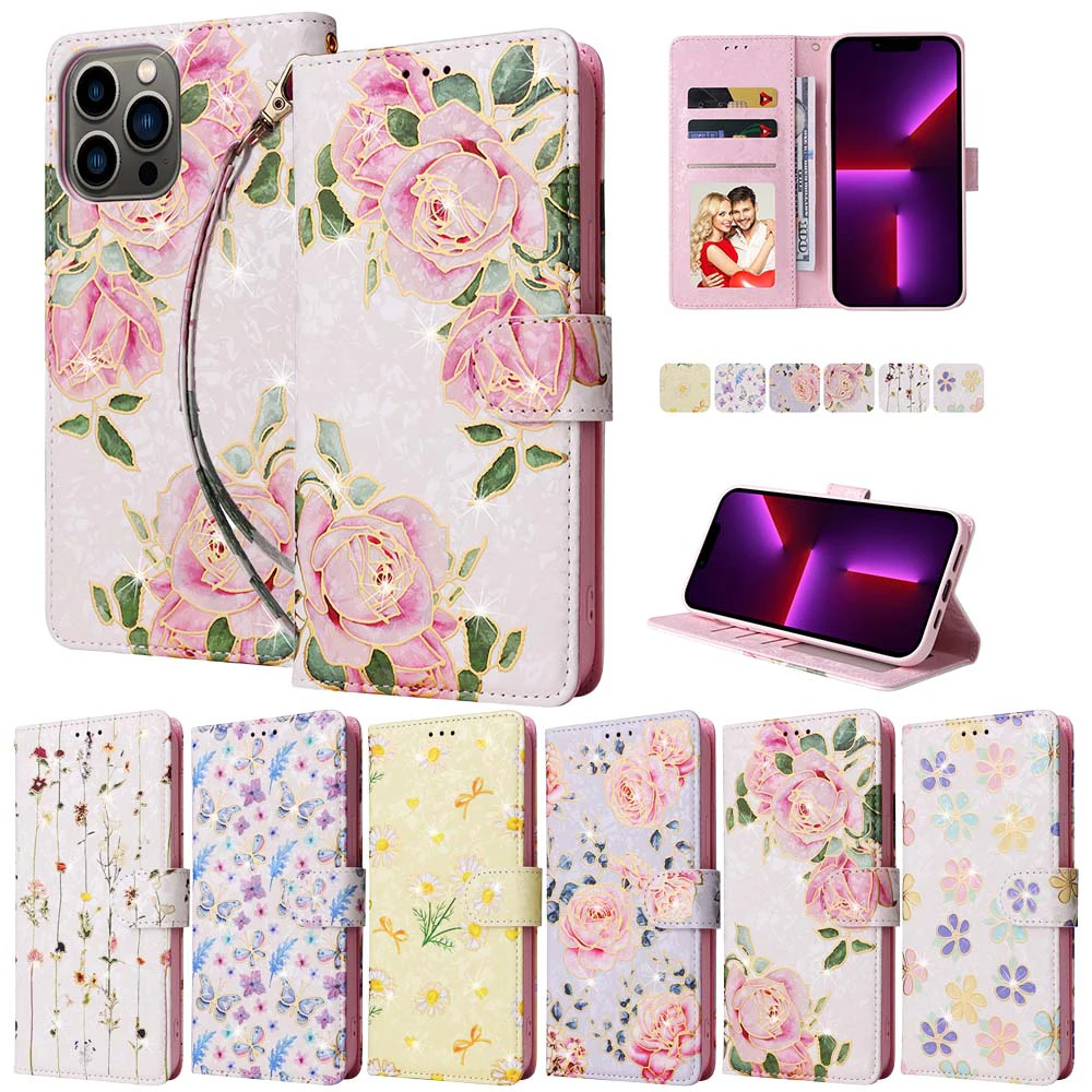 

Anti-theft Leather Case For Samsung Galaxy S8 S9 S10 S20 FE 2022 S21 Plus S22 Ultra A12 A32 A52 Flower Pattern Wallet Flip Cover