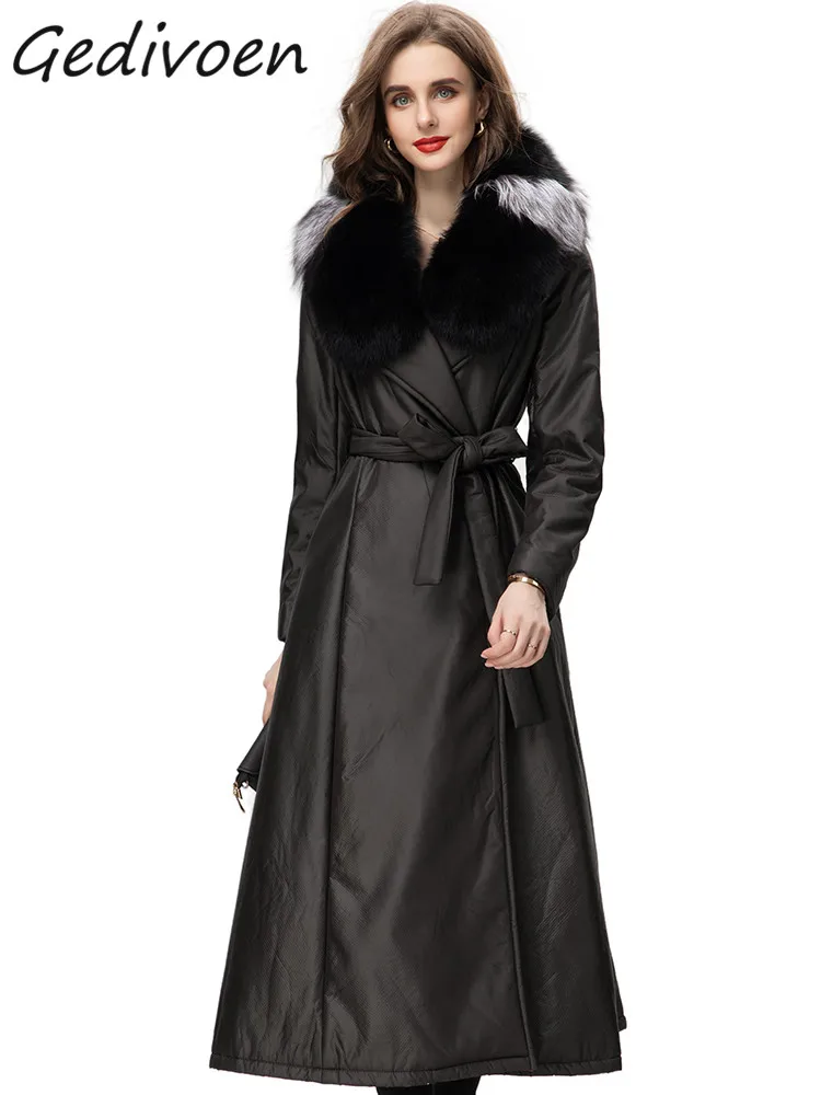 

Gedivoen Winter Fashion Runway Black Vintage Party Trench Coat Women Lapel Velvet Frenulum Gathered Waist Slim Long Trench Coat