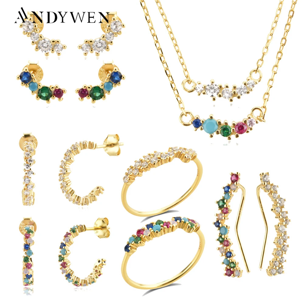 

ANDYWEN 925 Sterling Silver 18K Gold Plated Angelique Sparkle Tutti Frutti Piercing Hoop Stud Earring Ring Collar Jewelry Set