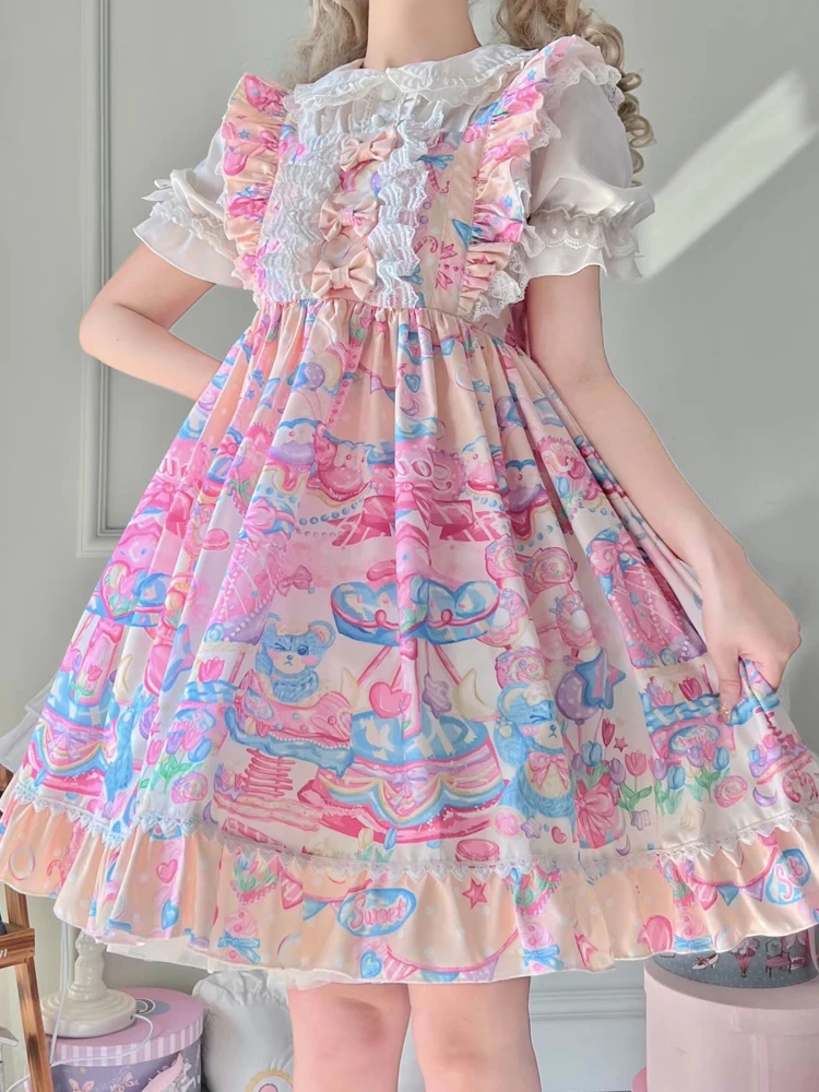 

KIMOKOKM Sweet Lolita Style Square Collar Cartoon Printing Designer JSK Dress Bow Sleeveless Lace Ruffles Girly Camisole Dress