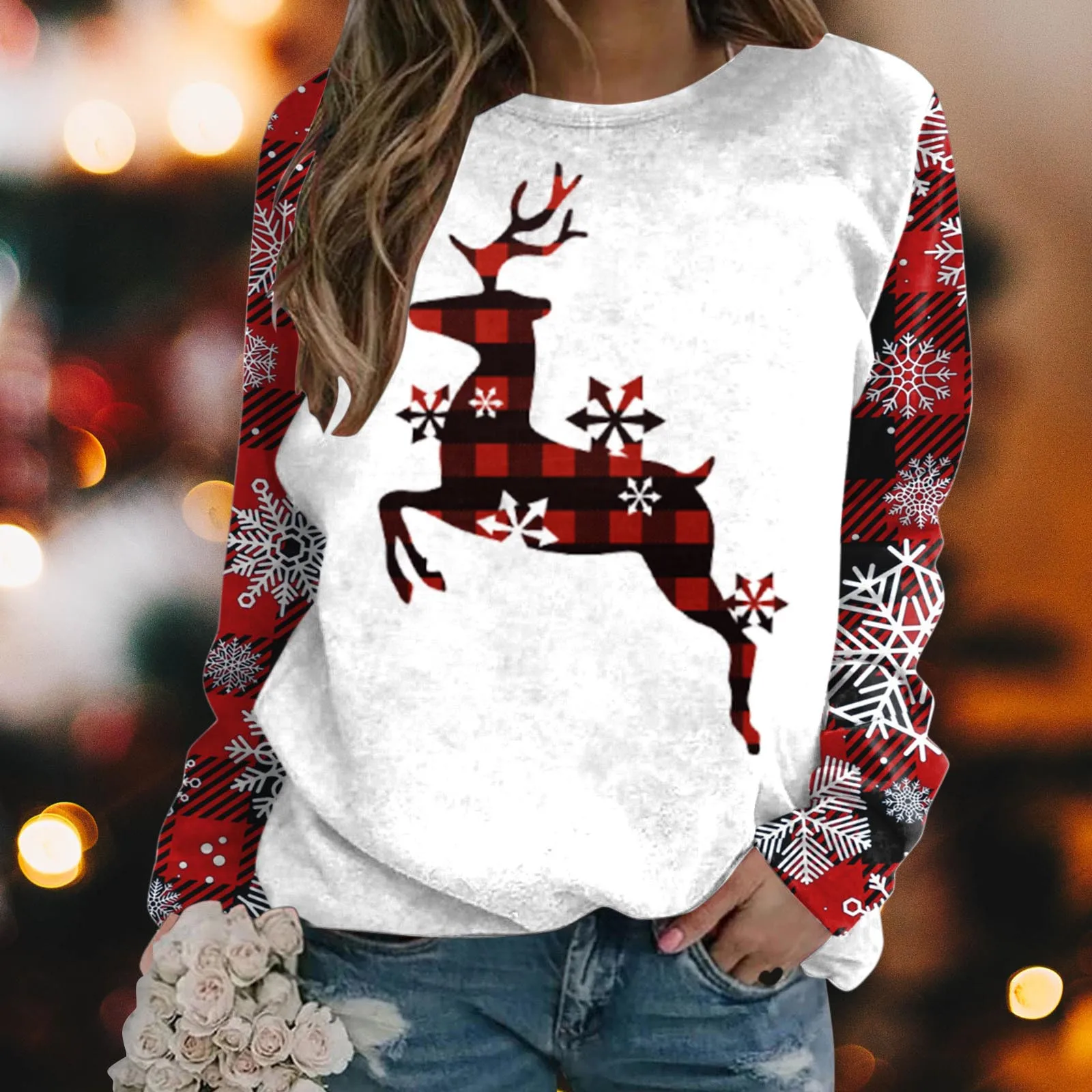 

Women Christmas Fawn Snowflake Print Autumn And Winter Loose Casual Casual Long Sleeve Round Color Print Ladies Zippe Sweatshirt