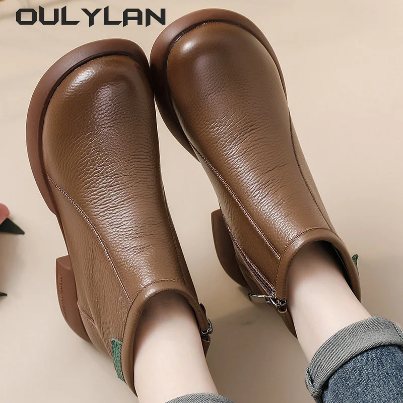 

Cowhide Martin Boots Fashion Autumn Middle Heel Thick Sole Short Boots Zipper Thick Leather Boots Winter Mother Shoes 2024 New