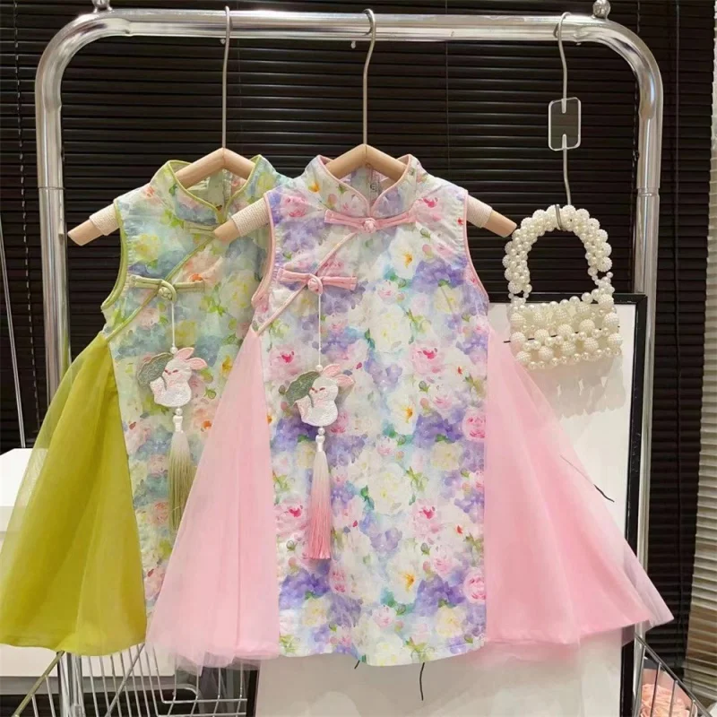 

New Girl's National Style Stand Collar Oblique Buckle Pendant Floral Spun Yarn Princess Cheongsam Dress2024Summer Dress-WSNY