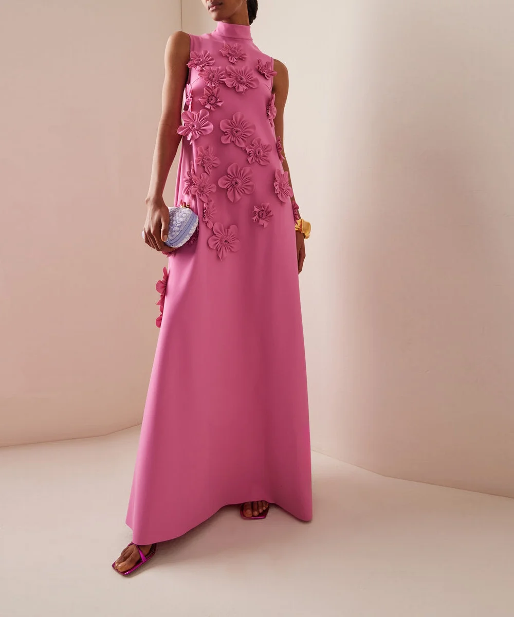 

Welove Pink High Neck Evening Dresses with 3D Flowers Floor Length A-line Formal Occasions Dress Couture New 2024