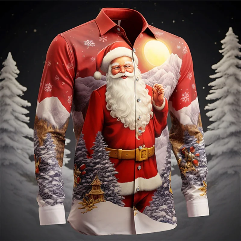 

Santa Claus Casual Men's Shirt Outdoor Christmas Street Autumn and Winter Cuffed Long Sleeve White Yellow Pink S-6XL