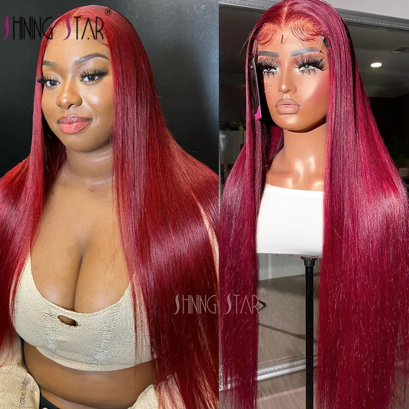 

99J Burgundy Red Straight 13X6 Lace Front Human Hair Wigs Pre Plucked Colored 13X4 Transparent Hd Lace Frontal Human Hair Wig