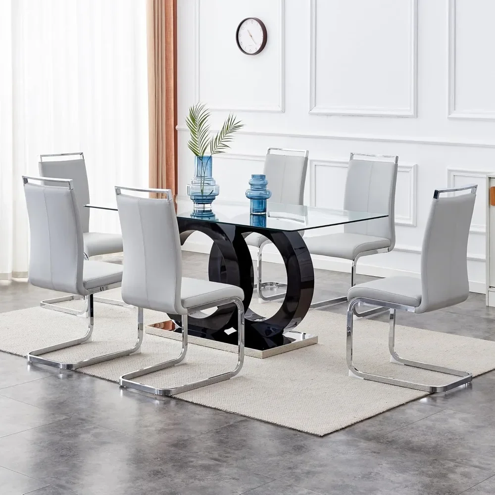 Glass Dining Table Set for 6 ,7 Piece Dining Table Set,Tempered Glass Table Top,PU Leather Ergonomic Dining Chairs Easy Assembly Glass Dining Table Set for 6 ,7 Piece Dining Table Set,Tempered Glass Table Top,PU Leather Ergonomic Dining Chairs Easy Assembly