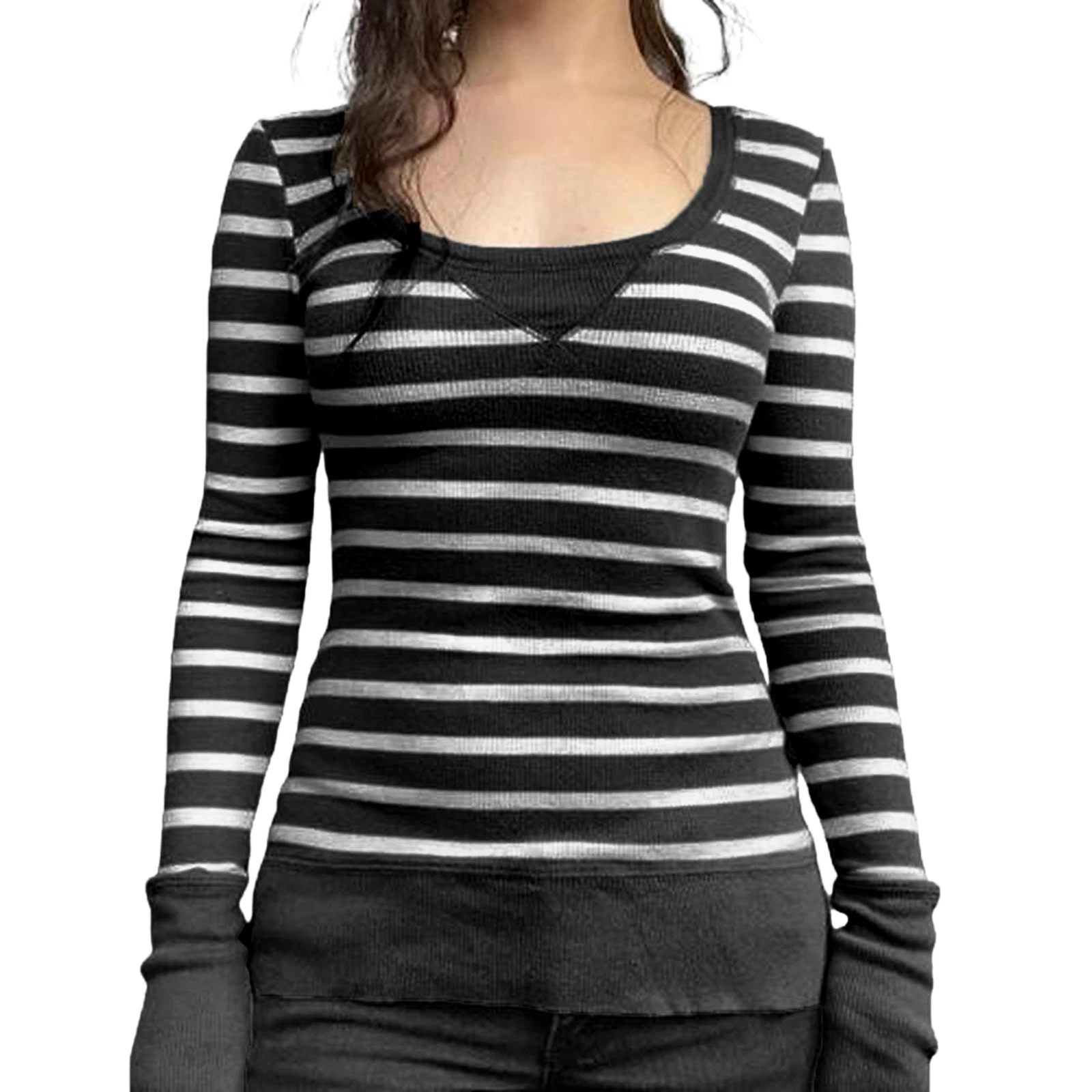 

Women's Stripe Print Knit T-Shirts Casual Scoop-Neck Long Sleeve Slim Pullover Tops Autumn Knitwear