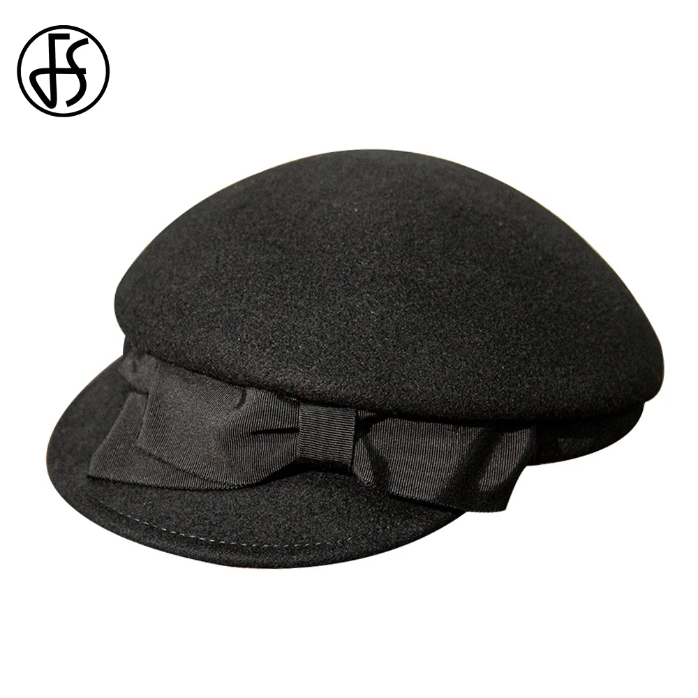 

FS Elegant Women Church Cap Wool Felt Fedoras Ladies Solid Color Beret Vintage Black Newsboy Hats Chapeau Femme 2023 Autumn