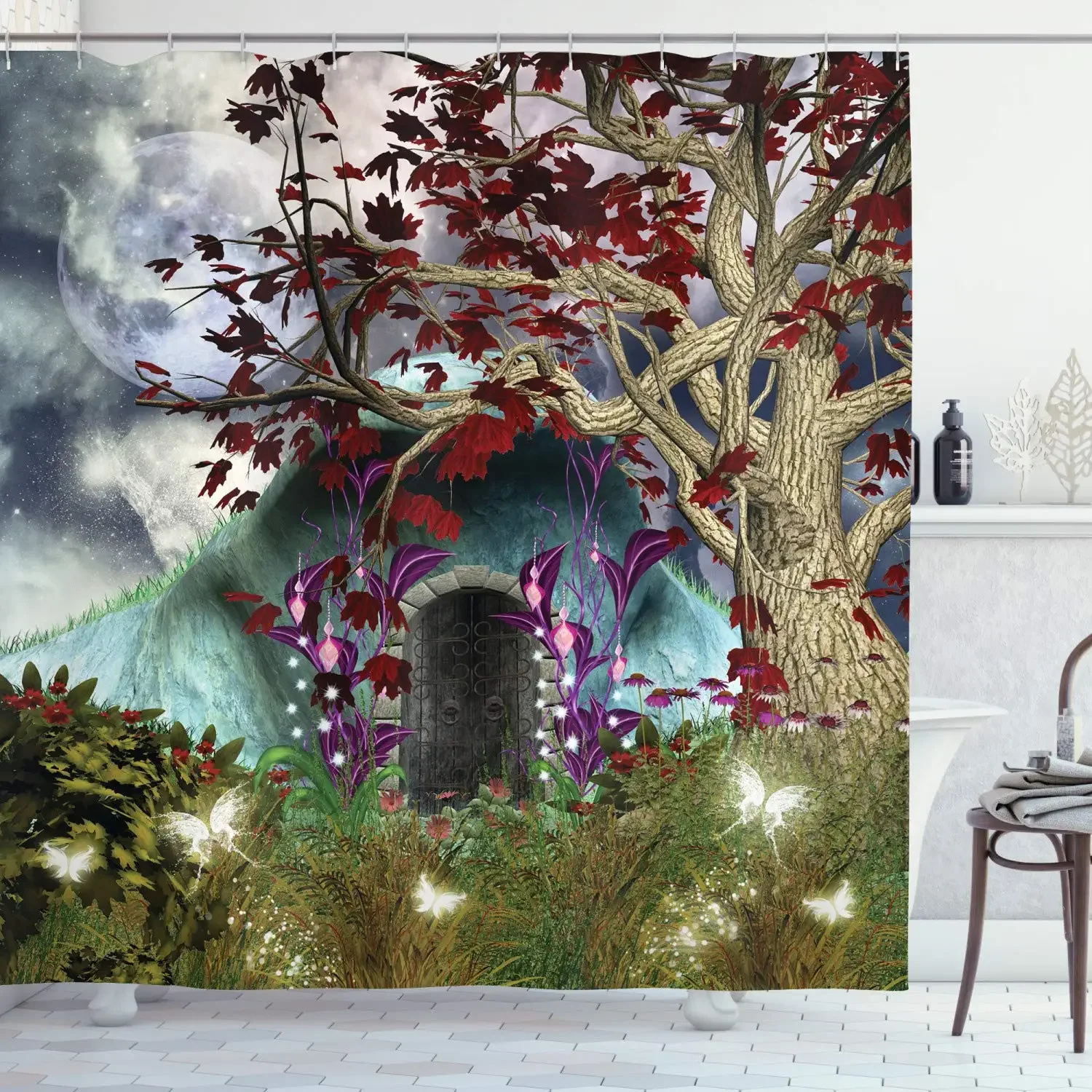 

Forest Shower Curtain,Dark Gothic Themed Scene Magic Tree and Secret Cave Moon Printed Cloth Fabric Bathroom Decor Set with Hook