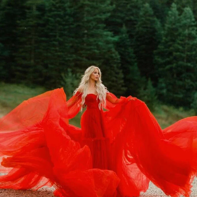 Romantic Red Bridal Dress Ruffle Tulle Photo Shooting Gowns Off the Shoulder Extra Long Train Women Photography Props Dresses
Romantic Red Bridal Dress Ruffle Tulle Photo Shooting Gowns Off the Shoulder Extra Long Train Women Photography Props Dresses