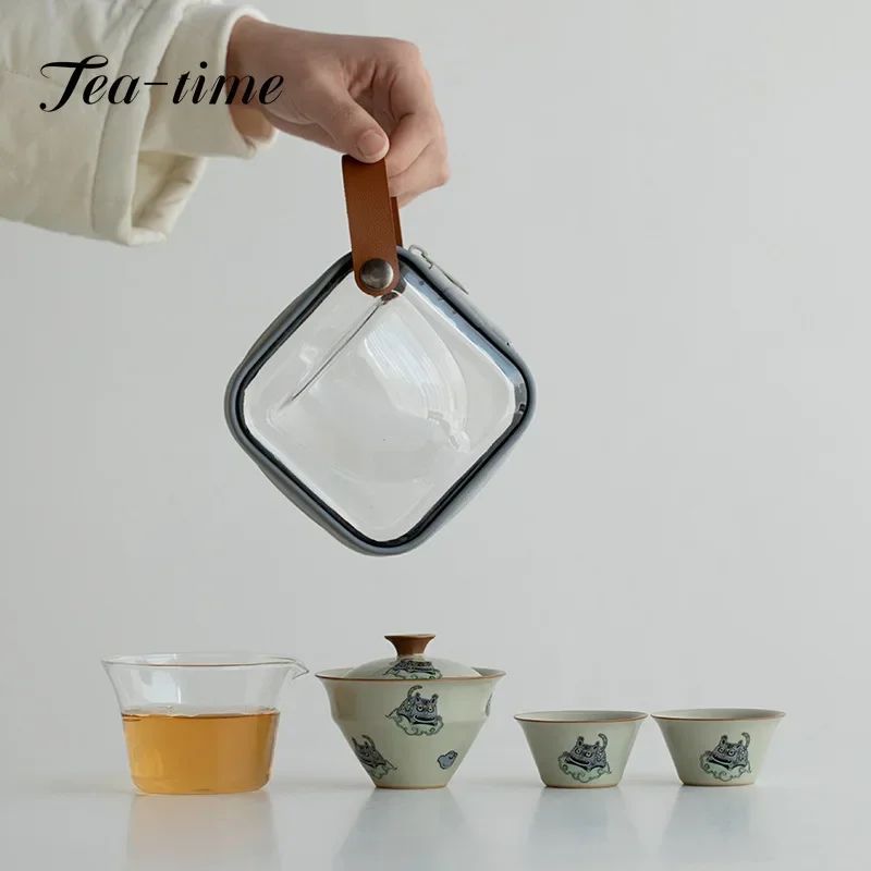 

Чайный сервиз «как Тигр с крыльями», стеклянный дорожный чайный набор для приготовления чая на улице, портативная керамическая чашка «Тигр» для быстрого заказа, 1 чайник, 2 чашки, подарки