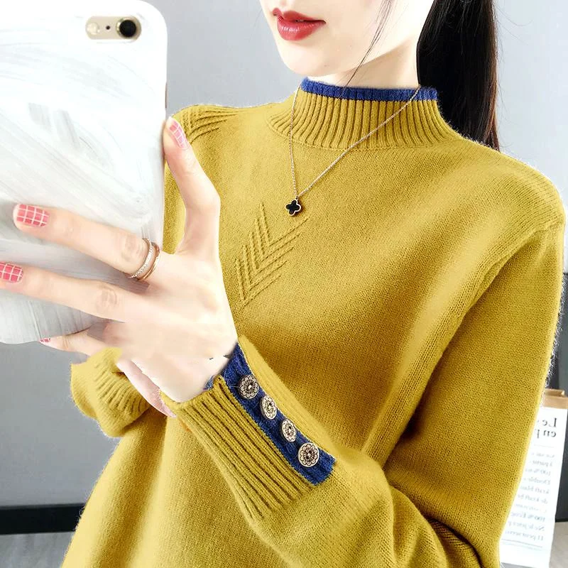 

Autumn Winter New Women's Pullovers Color Block Half High Collar Button Fashion Loose Foreign Style Long Sleeve Sweaters Tops