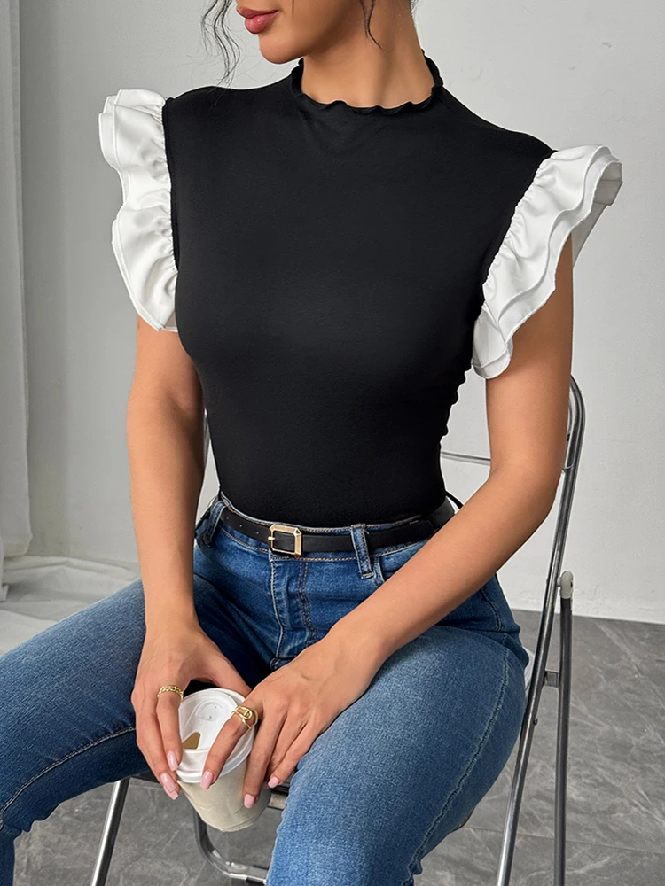 قميص نسائي للربيع والصيف أسود بياقة عالية أبيض مكشكش بدون أكمام ضيق أنيق حلو للاستخدام اليومي عصري قميص نسائي للربيع والصيف أسود بياقة عالية أبيض مكشكش بدون أكمام ضيق أنيق حلو للاستخدام اليومي عصري