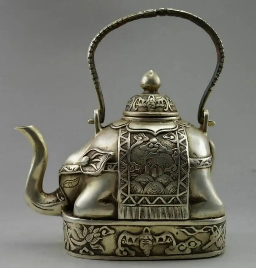

Copper Statue Collectible ! Decorated Old Handwork Tibet Silver Carve Flower Elephant Tea pot