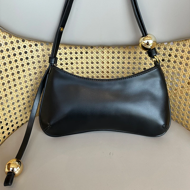 

Women's Cowhide Underarm Bag Simple Pure Colour Handbag Fashion Hundred Crescent Bag Brand Designer With Beaded Small Square Bag