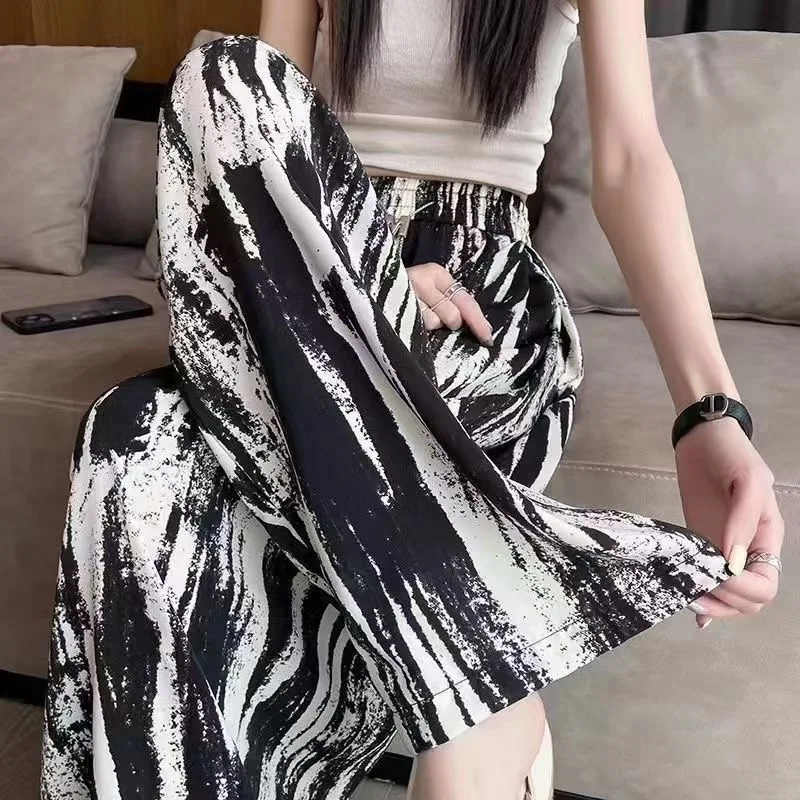 

Ice Silk Chinese Style Shui Ink Printed Retro Wide Leg Pants For Women's Summer New Loose High Waist Draping Straight Tube Cool