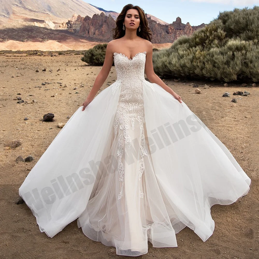 

Gorgeous Mermaid Wedding Dress Sweetheart Sleeveless Exquisite Lace Sweep Train Vestido De Noiva Bridal Gown Detachable Skirt