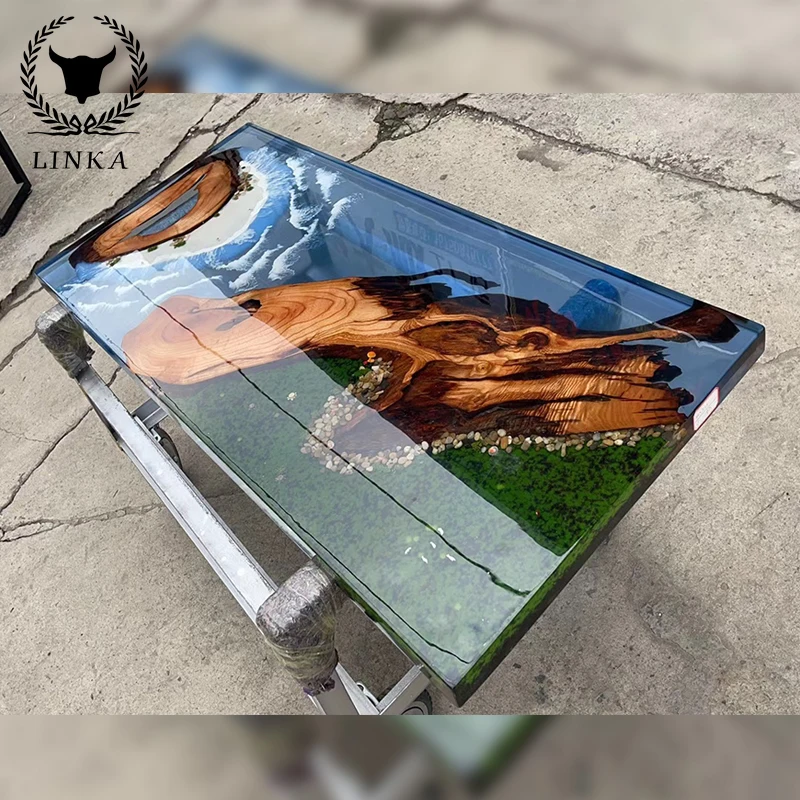 

Epoxy resin art river ocean table Walnut table Barflower solid wood large board tea table Log tea table can be customized